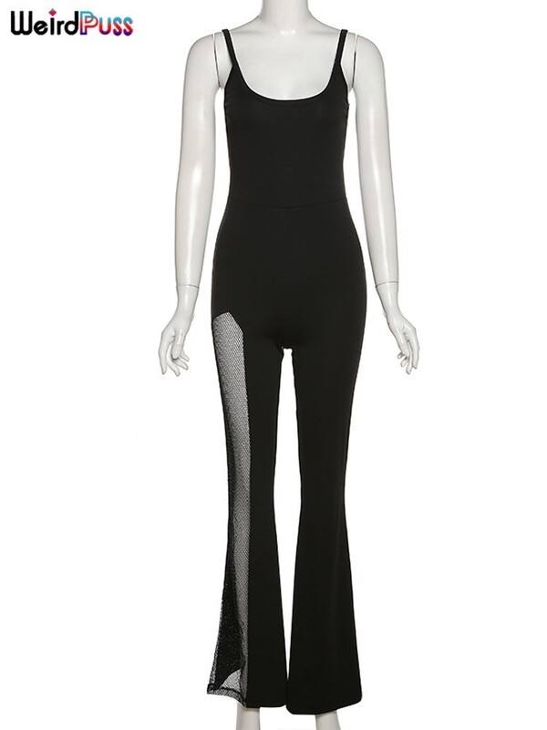 Weird Puss Y2K Elegantni kombinezon Ženski jednobojni modni mrežasti kombinezon bez rukava bez rukava Šipkaste hlače Elastična ulična odjeća