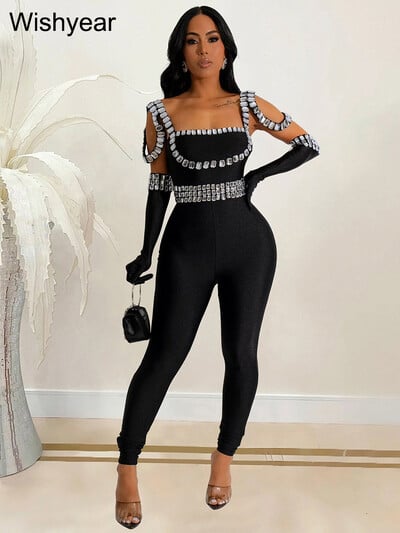 Wishyeari luksuslikud kuulsuste kombinesoonid kindaga Seksikas seljata Rhinestone Bodycon ühes tükis püksid Naiste elegantsed õhtused klubirõivad