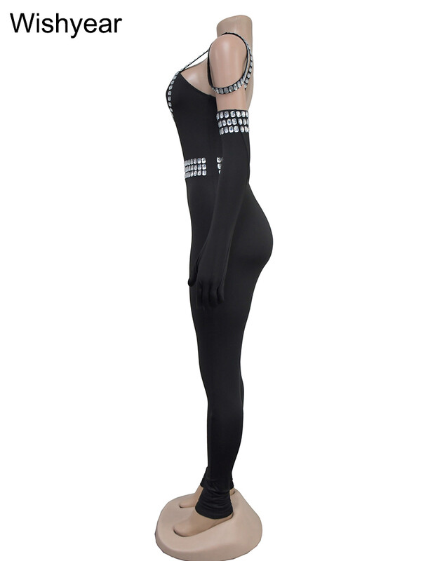 „Wishyear“ prabangūs įžymybių kombinezonai su pirštinėmis Seksualūs „Rhinestone Bodycon“ vienetiniai šliaužtinukai moteriški elegantiški vakariniai klubiniai drabužiai