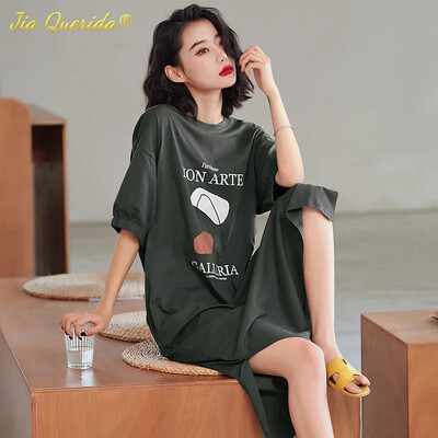 SUKAE 100% kokvilnas panku stila guļamkleita mājas apģērbs vasaras īsām piedurknēm naktskrekls, garš guļamkrekls, brīvs, elegants naktsveļa