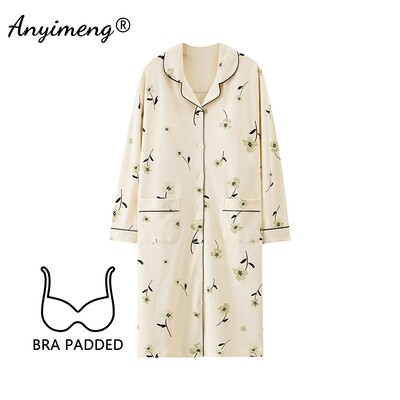 M-5XL Krūšturis ar polsterētu kakla izgriezumu Lielizmēra kokvilnas naktskrekli rudens ziemas sievietēm ar garām piedurknēm naktskrekls ikdienas naktskrekls