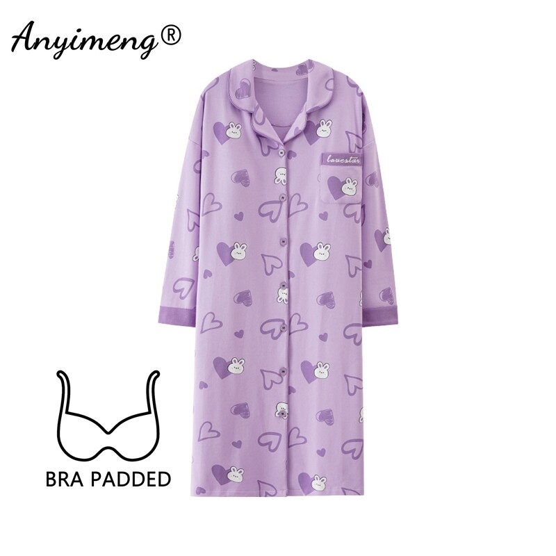 M-5XL Krūšturis ar polsterētu kakla izgriezumu Lielizmēra kokvilnas naktskrekli rudens ziemas sievietēm ar garām piedurknēm naktskrekls ikdienas naktskrekls