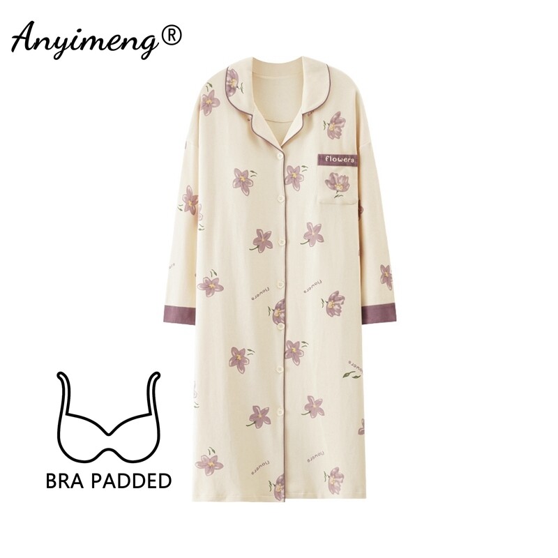 M-5XL Krūšturis ar polsterētu kakla izgriezumu Lielizmēra kokvilnas naktskrekli rudens ziemas sievietēm ar garām piedurknēm naktskrekls ikdienas naktskrekls