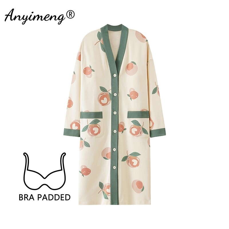 M-5XL Krūšturis ar polsterētu kakla izgriezumu Lielizmēra kokvilnas naktskrekli rudens ziemas sievietēm ar garām piedurknēm naktskrekls ikdienas naktskrekls