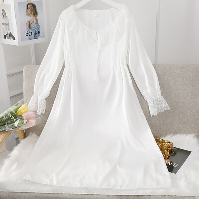 Elegantne lilla öösärk Vintage pitskraega magamisriided Rayon öösärk Femme satiinist kodukleit pikkade varrukatega pesu ööriided