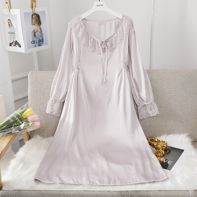 Elegantne lilla öösärk Vintage pitskraega magamisriided Rayon öösärk Femme satiinist kodukleit pikkade varrukatega pesu ööriided