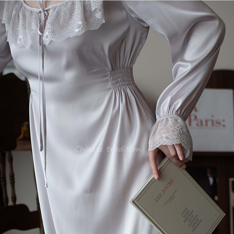 Κομψό μωβ νυχτικό Vintage γιακά με δαντέλα Sleepwear Rayon Νυχτικό Femme Satin Homedress Μακρυμάνικα εσώρουχα νυχτικά