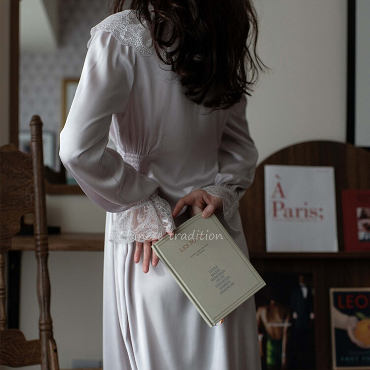 Κομψό μωβ νυχτικό Vintage γιακά με δαντέλα Sleepwear Rayon Νυχτικό Femme Satin Homedress Μακρυμάνικα εσώρουχα νυχτικά