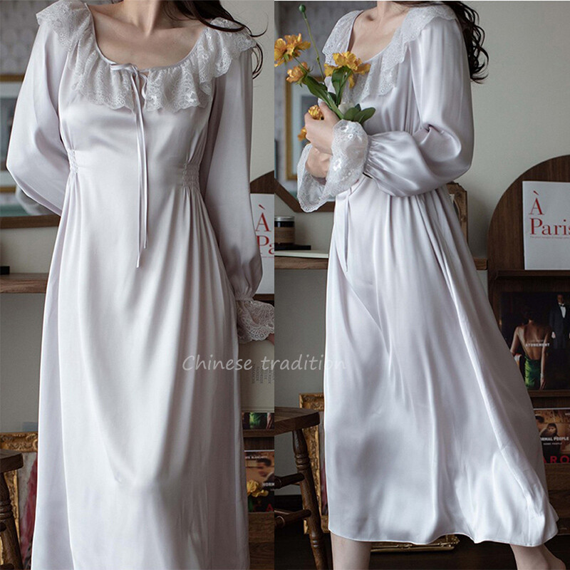 Κομψό μωβ νυχτικό Vintage γιακά με δαντέλα Sleepwear Rayon Νυχτικό Femme Satin Homedress Μακρυμάνικα εσώρουχα νυχτικά