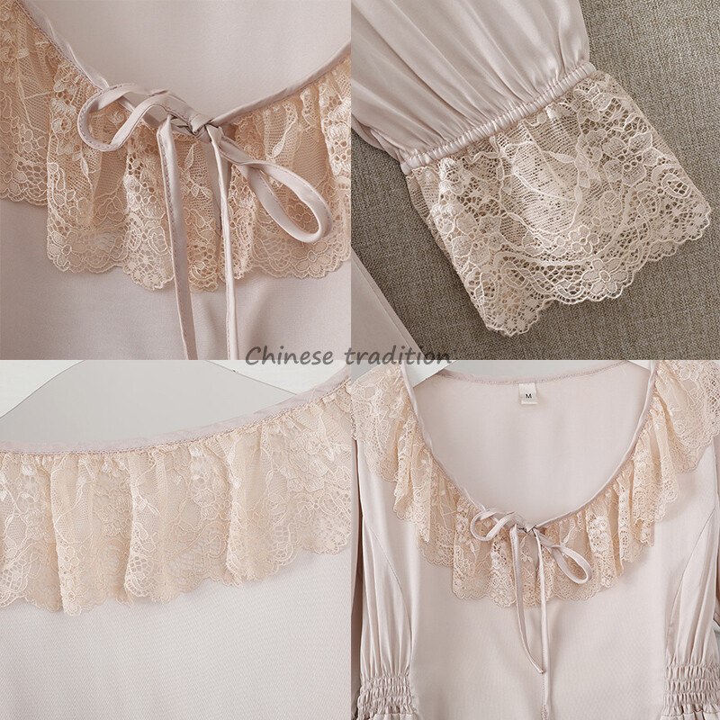 Κομψό μωβ νυχτικό Vintage γιακά με δαντέλα Sleepwear Rayon Νυχτικό Femme Satin Homedress Μακρυμάνικα εσώρουχα νυχτικά