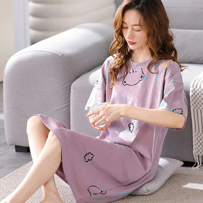 Vasarinė medvilnė miegui skirta suknelė moterims Saldūs namų drabužiai Vidutinio ilgio medvilniniai naktiniai marškinėliai Vasariniai ploni naktiniai marškinėliai