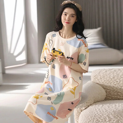 Vasarinė medvilnė miegui skirta suknelė moterims Saldūs namų drabužiai Vidutinio ilgio medvilniniai naktiniai marškinėliai Vasariniai ploni naktiniai marškinėliai