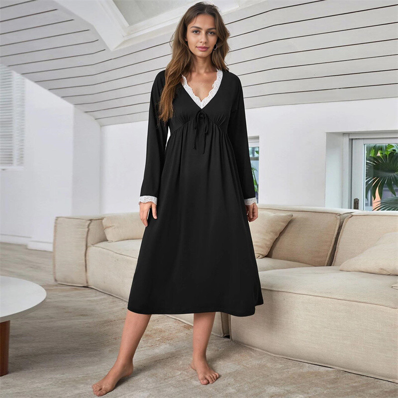 Moterų rūbai namuose Ilgi naktiniai marškinėliai Medvilniniai ilgomis rankovėmis V kaklo miegui skirta suknelė Suknelė Seksuali naktiniai drabužiai Moterų naktiniai marškinėliai