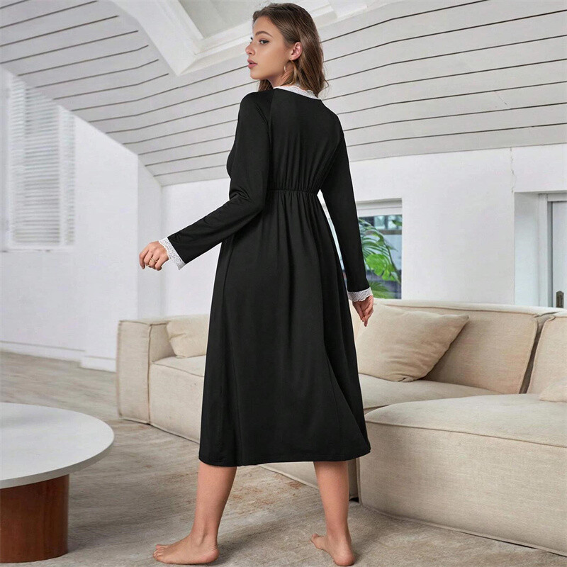 Moterų rūbai namuose Ilgi naktiniai marškinėliai Medvilniniai ilgomis rankovėmis V kaklo miegui skirta suknelė Suknelė Seksuali naktiniai drabužiai Moterų naktiniai marškinėliai