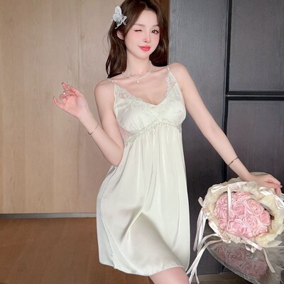 2025 m. vasaros seksualus nėriniuotas apatinis trikotažas šilko atlaso spagečių dirželiais naktiniai moteriški korėjietiški miego drabužiai naktinė suknelė naktinis marškinys