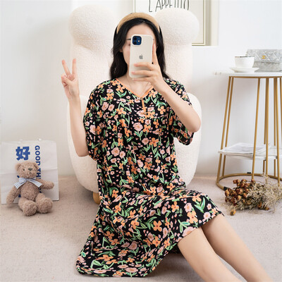 Kokvilnas viskozes miega kleita Sieviešu naktskrekls Pavasaris Vasara ar īsām piedurknēm Apdrukāts Mājas Apģērbs Jauns Liela Izmēra Sieviešu Naktskrekli