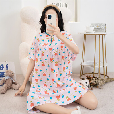 Kokvilnas viskozes miega kleita Sieviešu naktskrekls Pavasaris Vasara ar īsām piedurknēm Apdrukāts Mājas Apģērbs Jauns Liela Izmēra Sieviešu Naktskrekli