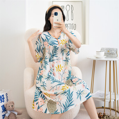Kokvilnas viskozes miega kleita Sieviešu naktskrekls Pavasaris Vasara ar īsām piedurknēm Apdrukāts Mājas Apģērbs Jauns Liela Izmēra Sieviešu Naktskrekli