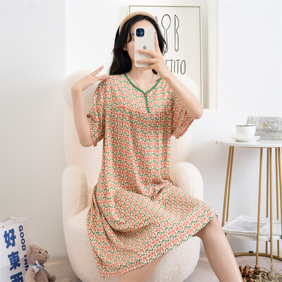 Kokvilnas viskozes miega kleita Sieviešu naktskrekls Pavasaris Vasara ar īsām piedurknēm Apdrukāts Mājas Apģērbs Jauns Liela Izmēra Sieviešu Naktskrekli