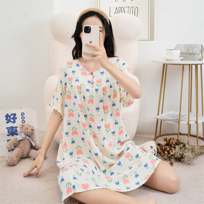 Kokvilnas viskozes miega kleita Sieviešu naktskrekls Pavasaris Vasara ar īsām piedurknēm Apdrukāts Mājas Apģērbs Jauns Liela Izmēra Sieviešu Naktskrekli