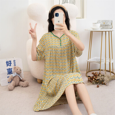 Kokvilnas viskozes miega kleita Sieviešu naktskrekls Pavasaris Vasara ar īsām piedurknēm Apdrukāts Mājas Apģērbs Jauns Liela Izmēra Sieviešu Naktskrekli