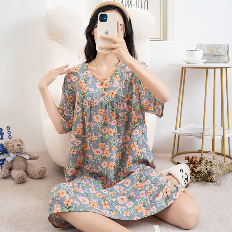 Kokvilnas viskozes miega kleita Sieviešu naktskrekls Pavasaris Vasara ar īsām piedurknēm Apdrukāts Mājas Apģērbs Jauns Liela Izmēra Sieviešu Naktskrekli