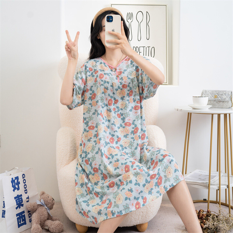 Kokvilnas viskozes miega kleita Sieviešu naktskrekls Pavasaris Vasara ar īsām piedurknēm Apdrukāts Mājas Apģērbs Jauns Liela Izmēra Sieviešu Naktskrekli