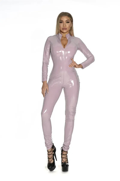 Open Crotch Latex Bodysuit Clubwear női nedves megjelenés, fényes PU műbőr jumpsuit öltöny hosszú ujjú cipzárral