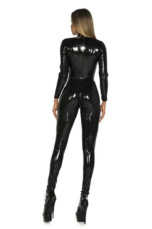 Open Crotch Latex Bodysuit Clubwear női nedves megjelenés, fényes PU műbőr jumpsuit öltöny hosszú ujjú cipzárral