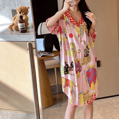 Karikatūras apdrukas sieviešu naktskrekli 2024. gada mākslīgā zīda satīna naktssvārki Jauni guļamsvārki Vasaras naktskrekli Naktskleita guļamveļa pidžama