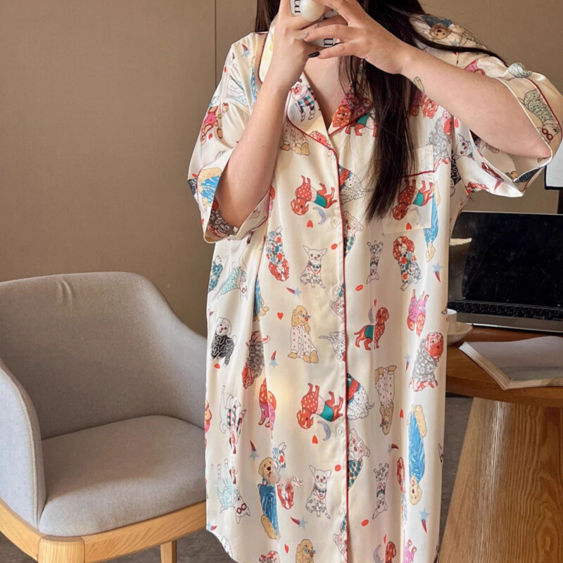 Karikatūras apdrukas sieviešu naktskrekli 2024. gada mākslīgā zīda satīna naktssvārki Jauni guļamsvārki Vasaras naktskrekli Naktskleita guļamveļa pidžama