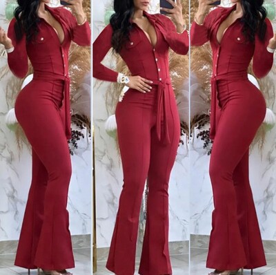 Γυναικεία ολόσωμη φόρμα 2023 Φθινόπωρο με κουμπιά μόδας Περιστασιακό γυριστό γιακά με μακρυμάνικο κοκαλιάρικο μποτάκι με ζώνη Y2K Streetwear