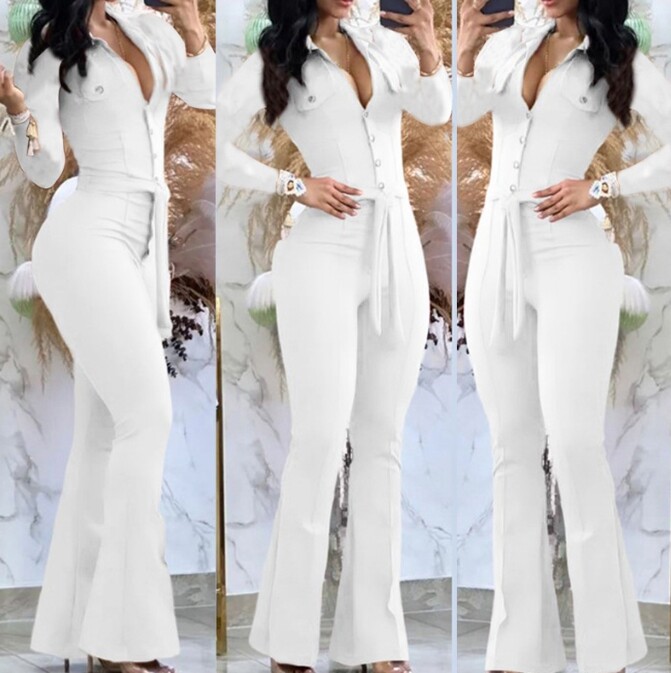 Γυναικεία ολόσωμη φόρμα 2023 Φθινόπωρο με κουμπιά μόδας Περιστασιακό γυριστό γιακά με μακρυμάνικο κοκαλιάρικο μποτάκι με ζώνη Y2K Streetwear