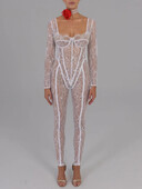 Mozision mežģīnes cauri garām piedurknēm seksīgs kombinezons kvadrātveida apkakle bez aizmugures izdilis nakts kluba ballītes kombinezoni eleganti apģērbi