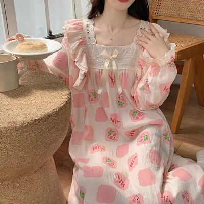Moteriški saldūs burbuliniai raukiniai ilgomis rankovėmis mieganti suknelė Princesės stiliaus namų drabužiai Vasariniai kvadratiniai naktiniai marškinėliai