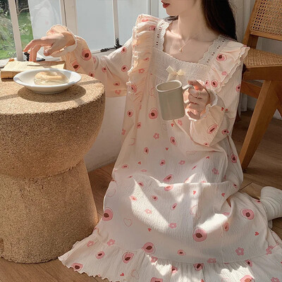 Moteriški saldūs burbuliniai raukiniai ilgomis rankovėmis mieganti suknelė Princesės stiliaus namų drabužiai Vasariniai kvadratiniai naktiniai marškinėliai