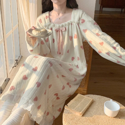 Žiemos Preppy Style Moteriški miegui skirti drabužiai Sweetheart Rankovės ilgio pūkuotas vilnos pamušalas naktiniai kvadratinė apykakle Namų drabužiai pižamos