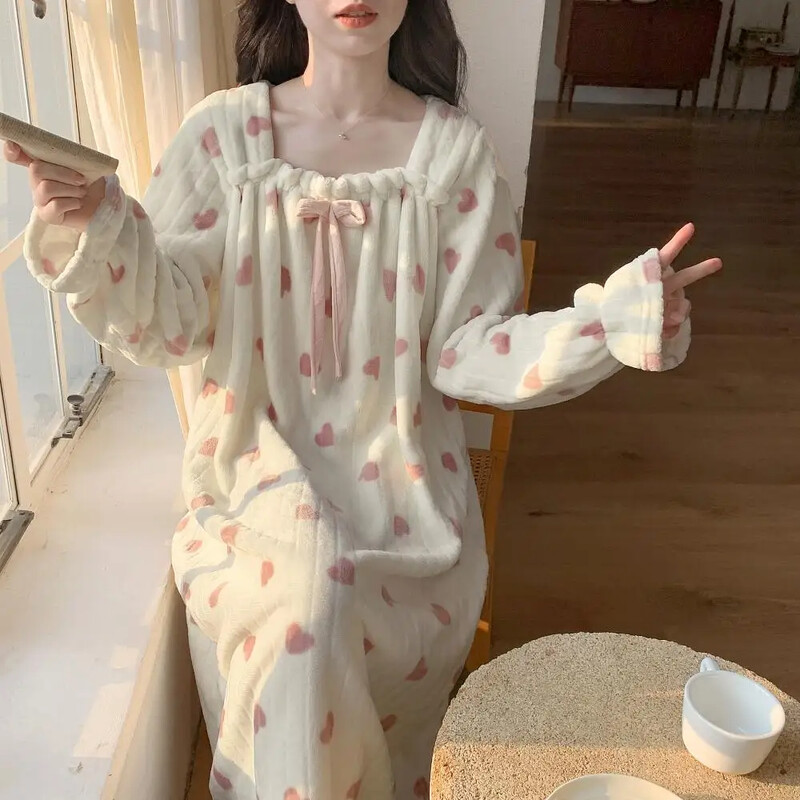 Žiemos Preppy Style Moteriški miegui skirti drabužiai Sweetheart Rankovės ilgio pūkuotas vilnos pamušalas naktiniai kvadratinė apykakle Namų drabužiai pižamos