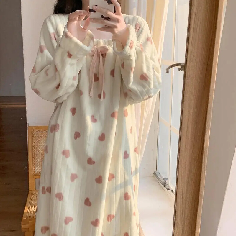 Žiemos Preppy Style Moteriški miegui skirti drabužiai Sweetheart Rankovės ilgio pūkuotas vilnos pamušalas naktiniai kvadratinė apykakle Namų drabužiai pižamos