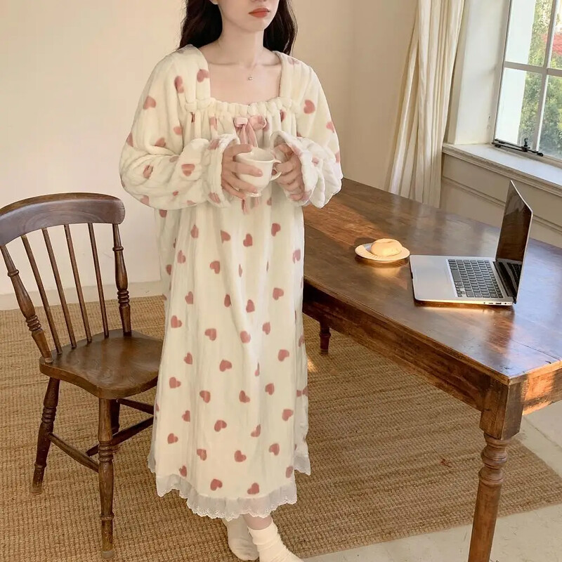 Žiemos Preppy Style Moteriški miegui skirti drabužiai Sweetheart Rankovės ilgio pūkuotas vilnos pamušalas naktiniai kvadratinė apykakle Namų drabužiai pižamos