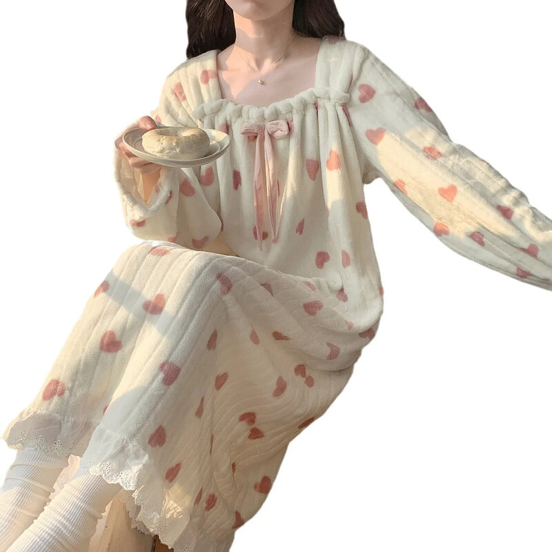 Žiemos Preppy Style Moteriški miegui skirti drabužiai Sweetheart Rankovės ilgio pūkuotas vilnos pamušalas naktiniai kvadratinė apykakle Namų drabužiai pižamos