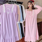 Ειδική Προσφορά Βαμβακερό 220g Δαντέλα Νυχτικό Πυζά Γυναικεία Μακρυμάνικα Άνοιξη Φθινόπωρο Μονόχρωμα Princess Homewear