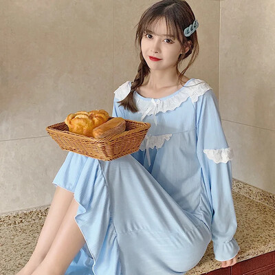 Ειδική Προσφορά Βαμβακερό 220g Δαντέλα Νυχτικό Πυζά Γυναικεία Μακρυμάνικα Άνοιξη Φθινόπωρο Μονόχρωμα Princess Homewear