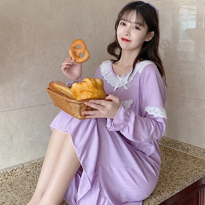 Ειδική Προσφορά Βαμβακερό 220g Δαντέλα Νυχτικό Πυζά Γυναικεία Μακρυμάνικα Άνοιξη Φθινόπωρο Μονόχρωμα Princess Homewear