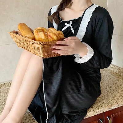 Ειδική Προσφορά Βαμβακερό 220g Δαντέλα Νυχτικό Πυζά Γυναικεία Μακρυμάνικα Άνοιξη Φθινόπωρο Μονόχρωμα Princess Homewear