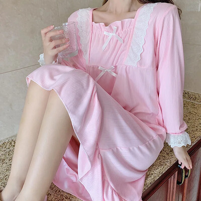 Ειδική Προσφορά Βαμβακερό 220g Δαντέλα Νυχτικό Πυζά Γυναικεία Μακρυμάνικα Άνοιξη Φθινόπωρο Μονόχρωμα Princess Homewear