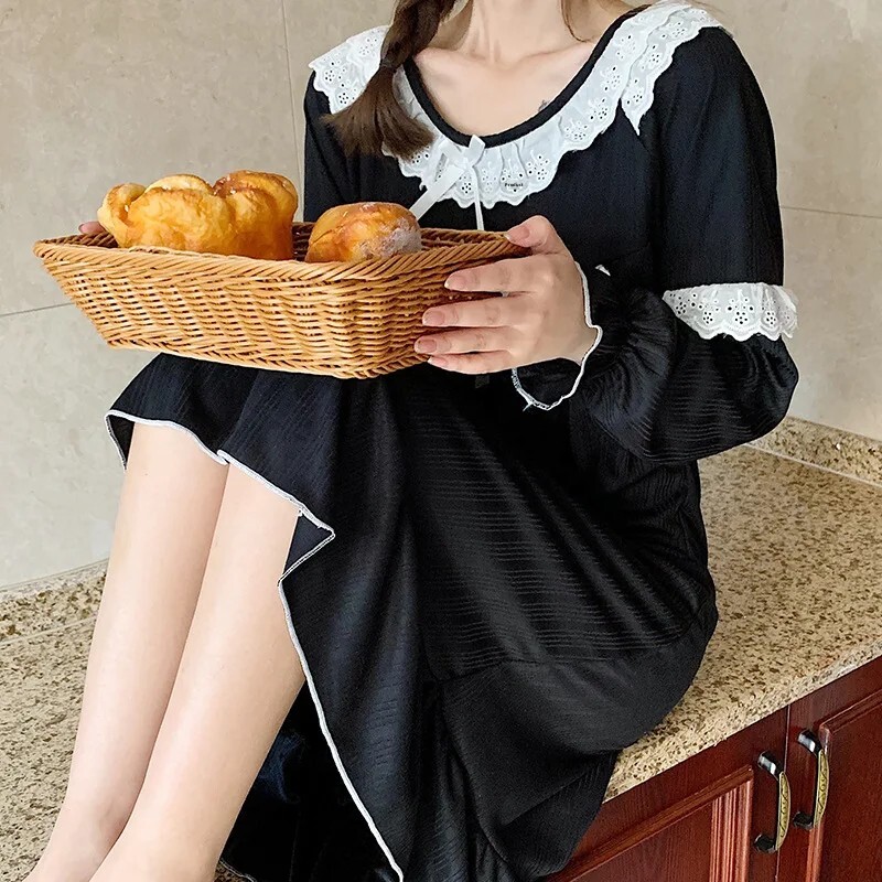 Ειδική Προσφορά Βαμβακερό 220g Δαντέλα Νυχτικό Πυζά Γυναικεία Μακρυμάνικα Άνοιξη Φθινόπωρο Μονόχρωμα Princess Homewear