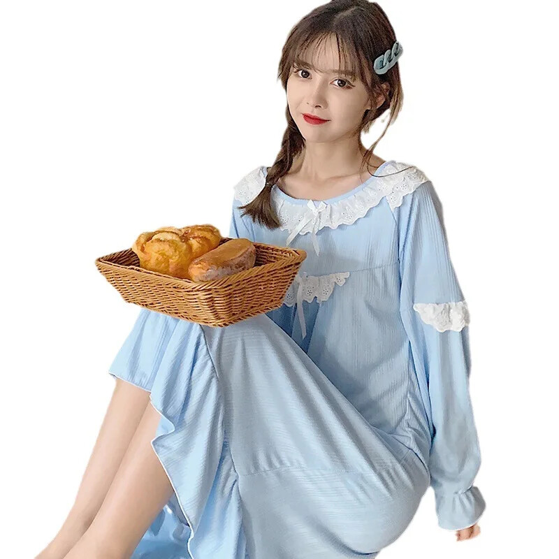 Ειδική Προσφορά Βαμβακερό 220g Δαντέλα Νυχτικό Πυζά Γυναικεία Μακρυμάνικα Άνοιξη Φθινόπωρο Μονόχρωμα Princess Homewear