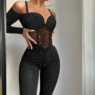 Μόδα δαντέλα διάφανες ζαρτιέρες μακρυμάνικη φόρμα γυναικεία σέξι μακριά από τους ώμους Slim glitter rompers Γυναικείο μολύβι παντελόνι 24