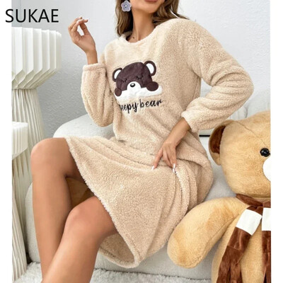 SUKAE Cute Bear Winter Naiste pikkade varrukatega termilised öösärgid Flanellist pikad magamissärgid Pullover kohevad ööriided Naiste koduriided